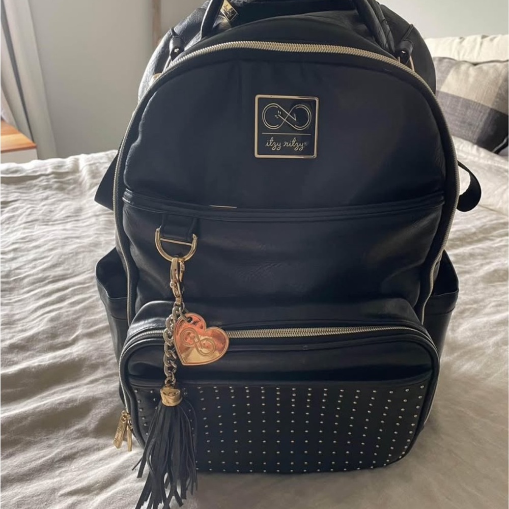 Itzy Ritzy Black Backpack with Gold Hardware and Heart Charm - Chelsea DeBoer